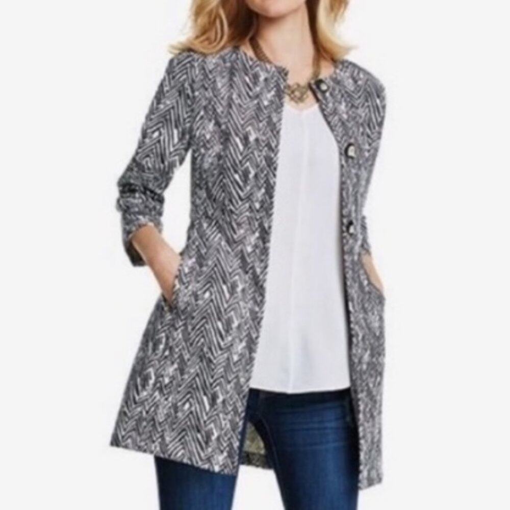 CAbi Jacket Ponte Knit Zigzag Print Longline Grey White Size Medium